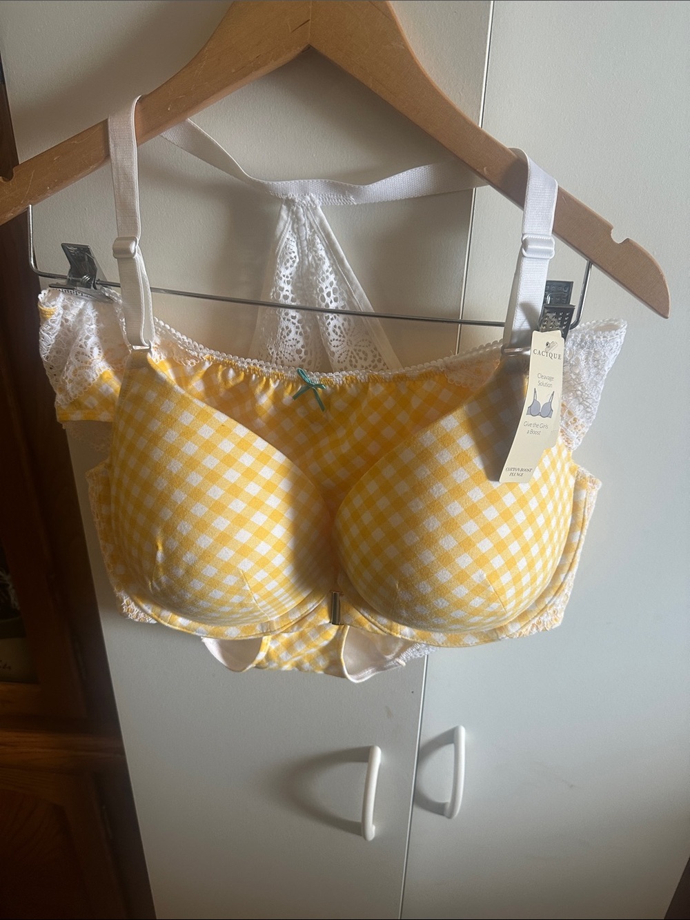 Cacique Yellow Gingham Lace-Back Underwire Bra with White Straps